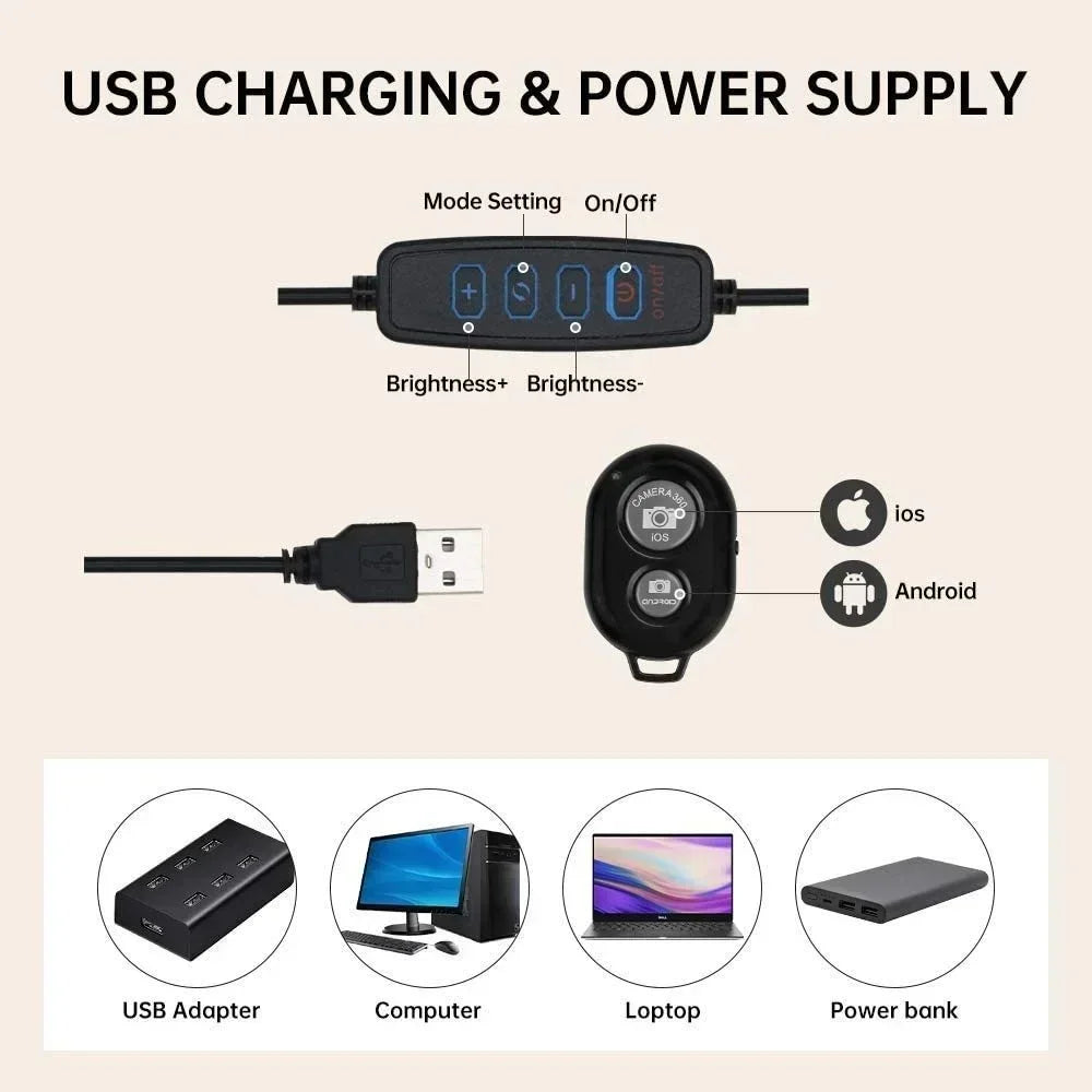Black USB controller with brightness/mode buttons, Bluetooth camera shutter remote, and compatible power sources.
