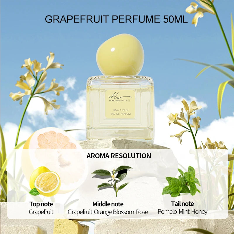 Hope Christine 50ml EDP for women: square bottle, yellow cap, citrus grapefruit, orange blossom, mint, honey scent.