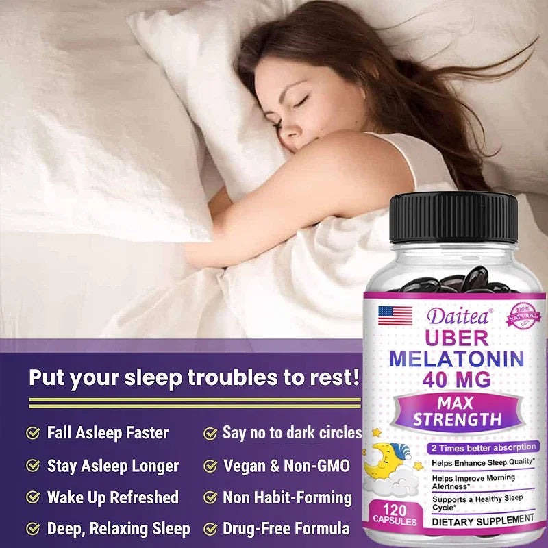 Daitea Melatonin Supplement 40mg Contains Vitamin C Theanine Extract Capsules to Promote Sleep Quality & Alertness Non-GMO