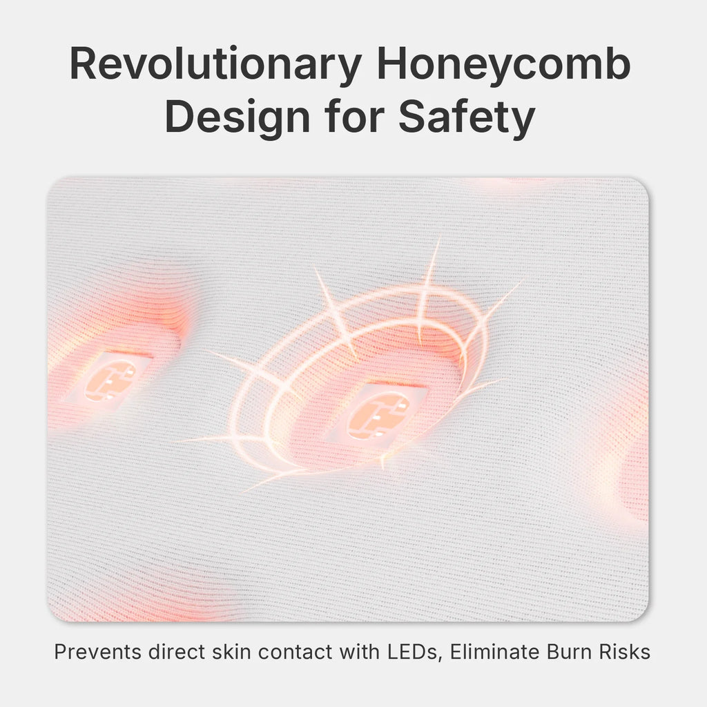 Close-up of a white, textured red light therapy mat featuring a honeycomb pattern protecting recessed LED lights.