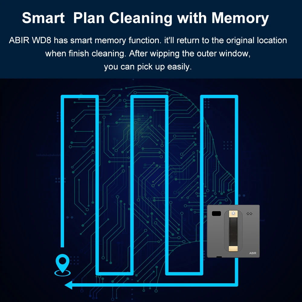 Tidesmit ABIR WD8 robotic window cleaner showing dual water spray system and laser sensors during glass cleaning