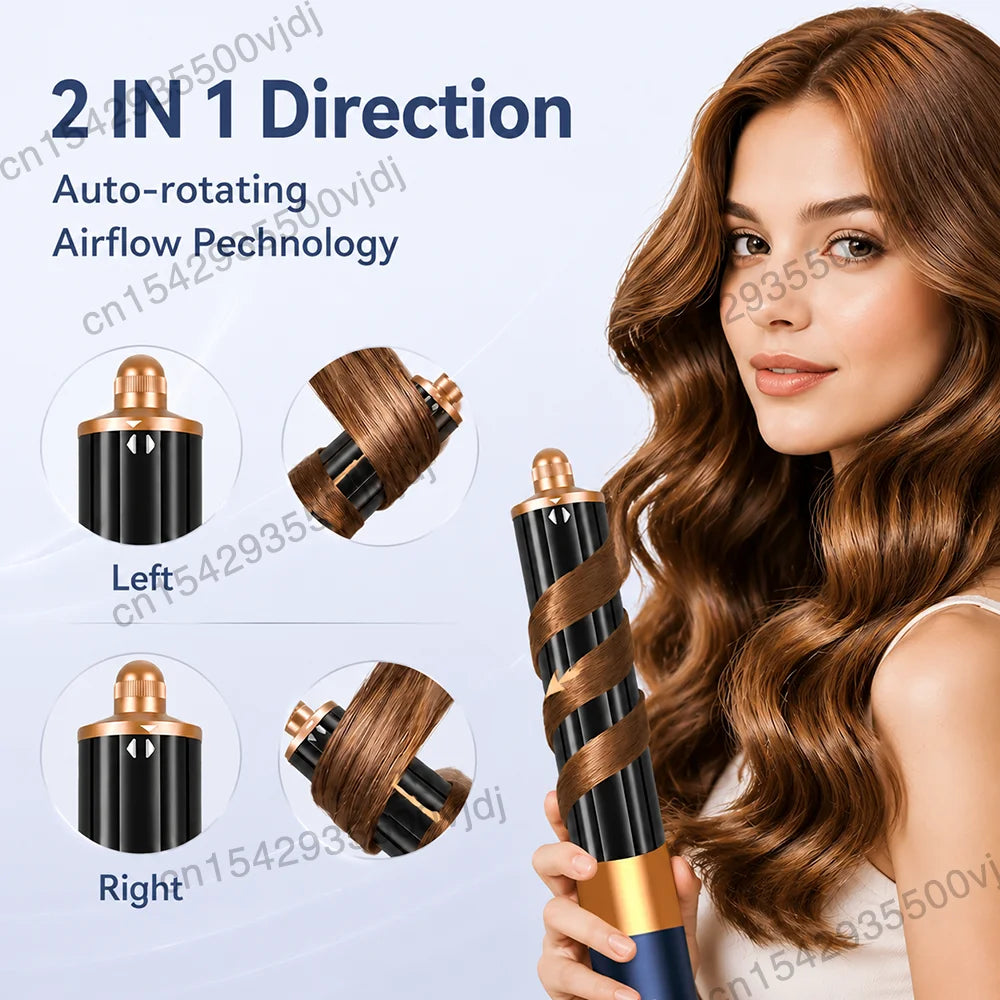 7-in-1 high-speed hair dryer with auto-rotating curling attachment in black and gold for quick, professional styling.