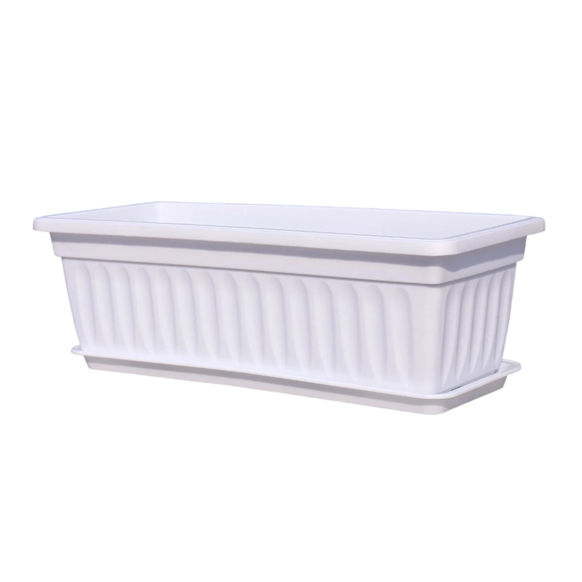 White rectangular plastic planter with ridged sides and wide top rim.
