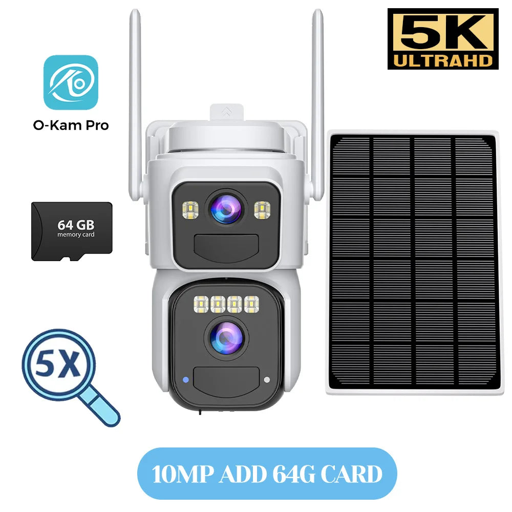 White solar Wi-Fi outdoor security camera with dual lenses, 10MP, includes 64GB SD card