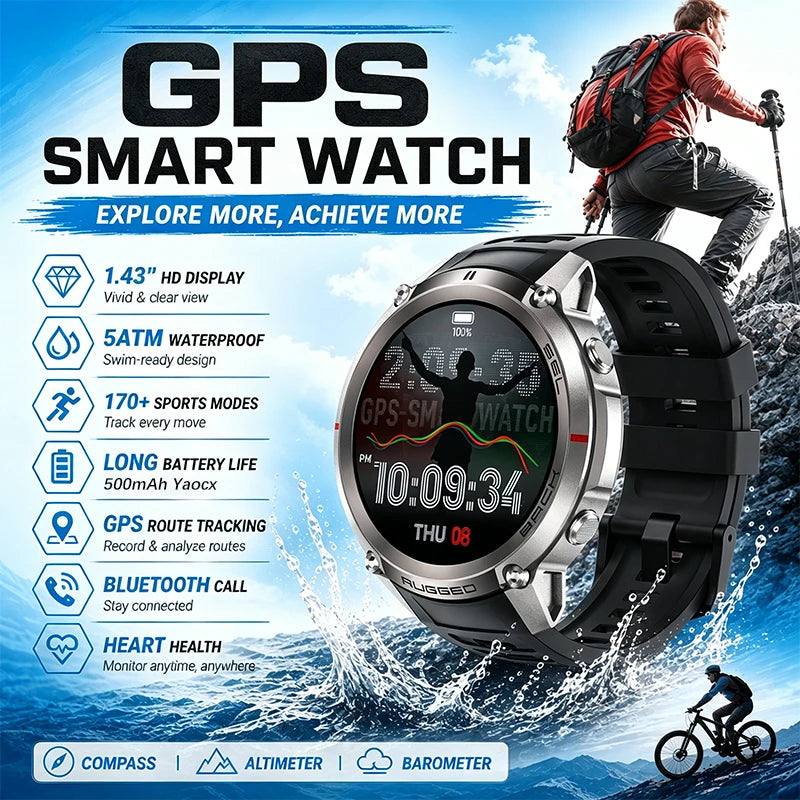 2026 New Outdoor GPS Smart Watch Map Compass Navigation 5ATM Waterproof Bluetooth Call 100+Sport Mode Men AMOLED HD Smart Watch