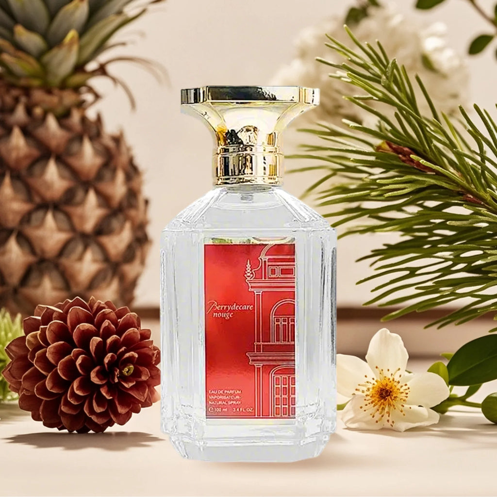 Berrydecare Rouge EDP 100ml: Oriental woody saffron perfume for women in a hexagonal glass bottle with a gold cap.