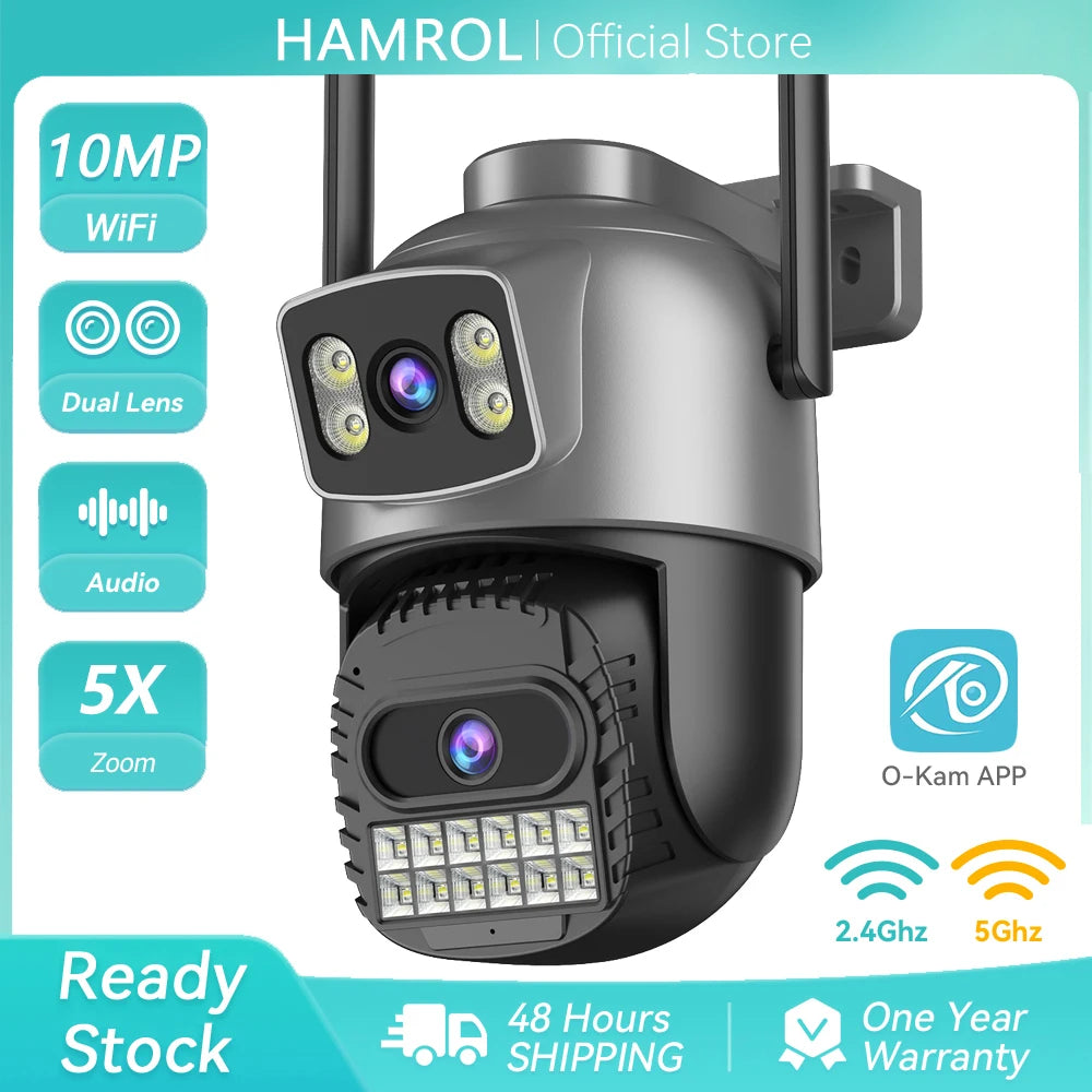 5K 10MP WiFi 2.4g/5G Dual Lens Security Camera, Outdoor IP66 Waterproof 5X Zoom Dual Screens Human Detection AI Night Vision