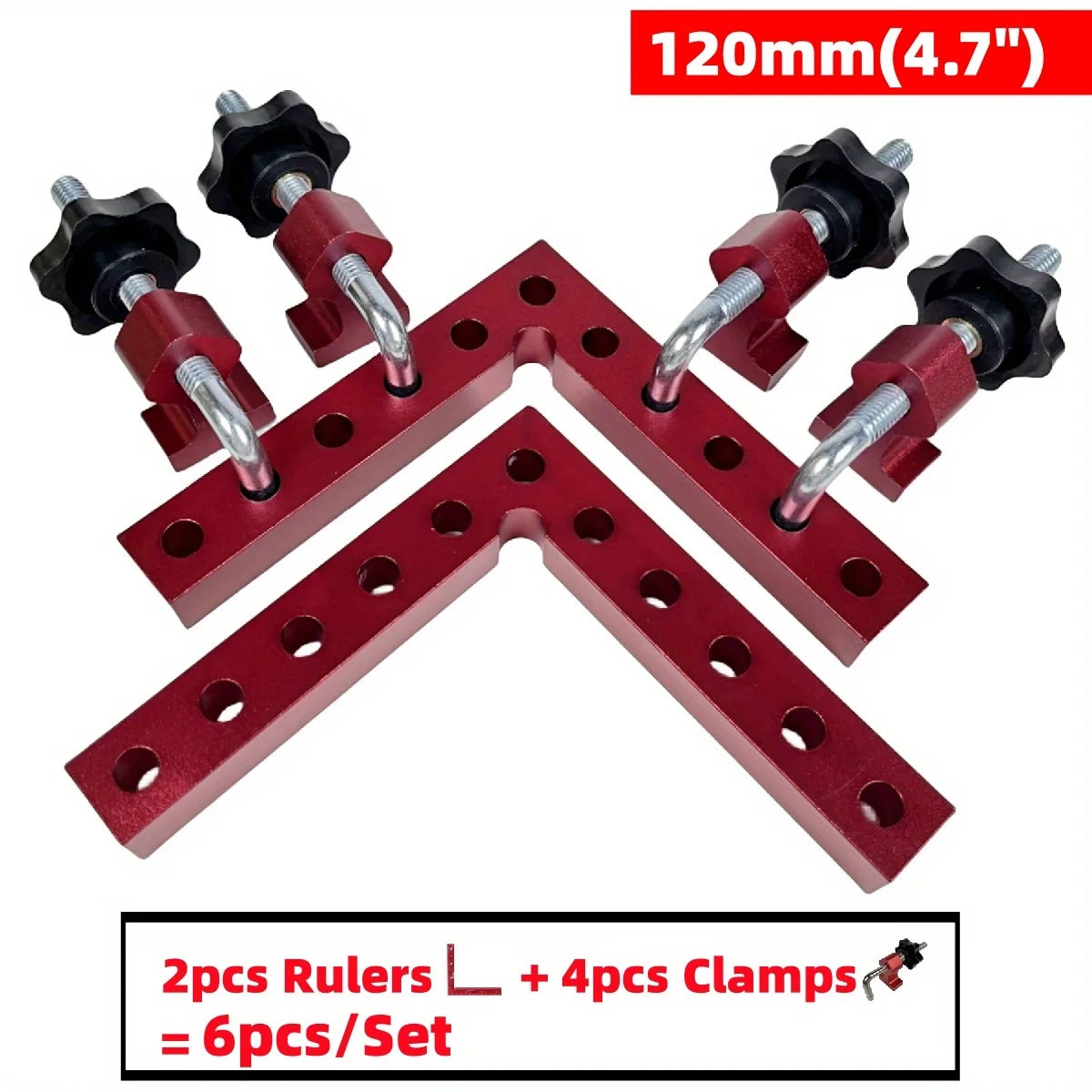 120mm red right-angle corner clamp set with multiple clamps, black knobs, and rulers