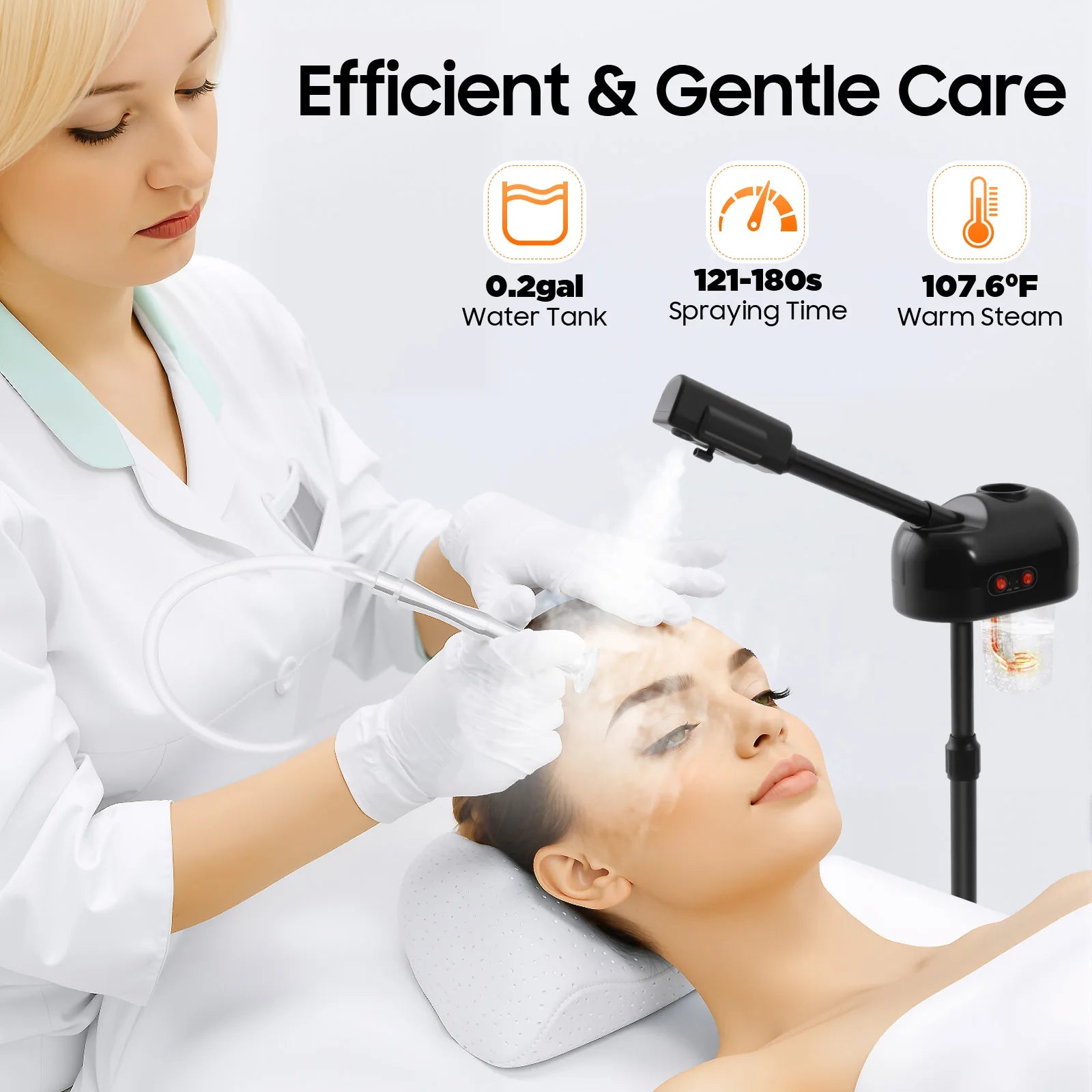 Professional 750ml facial steamer with adjustable stand, 0.2gal tank, and warm steam for salon spa skincare.