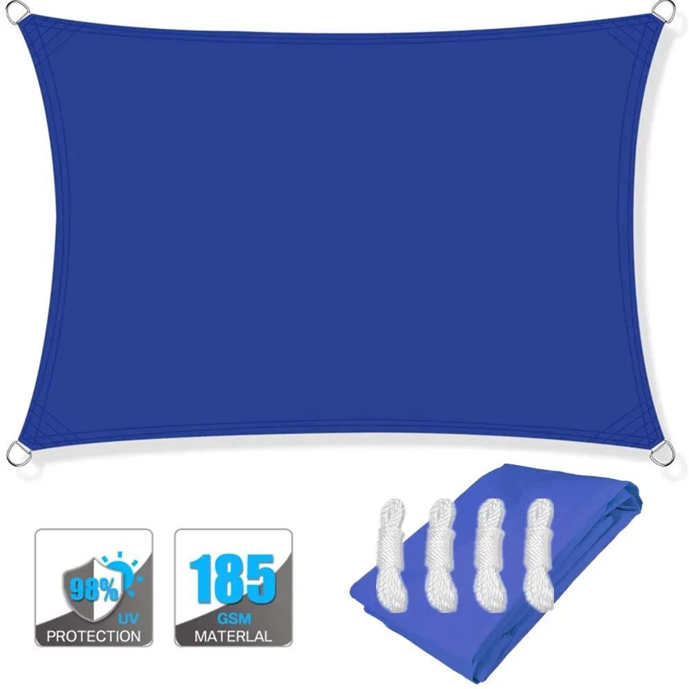 Royal blue rectangle sun shade sail canopy with corner loops and UV protection labels