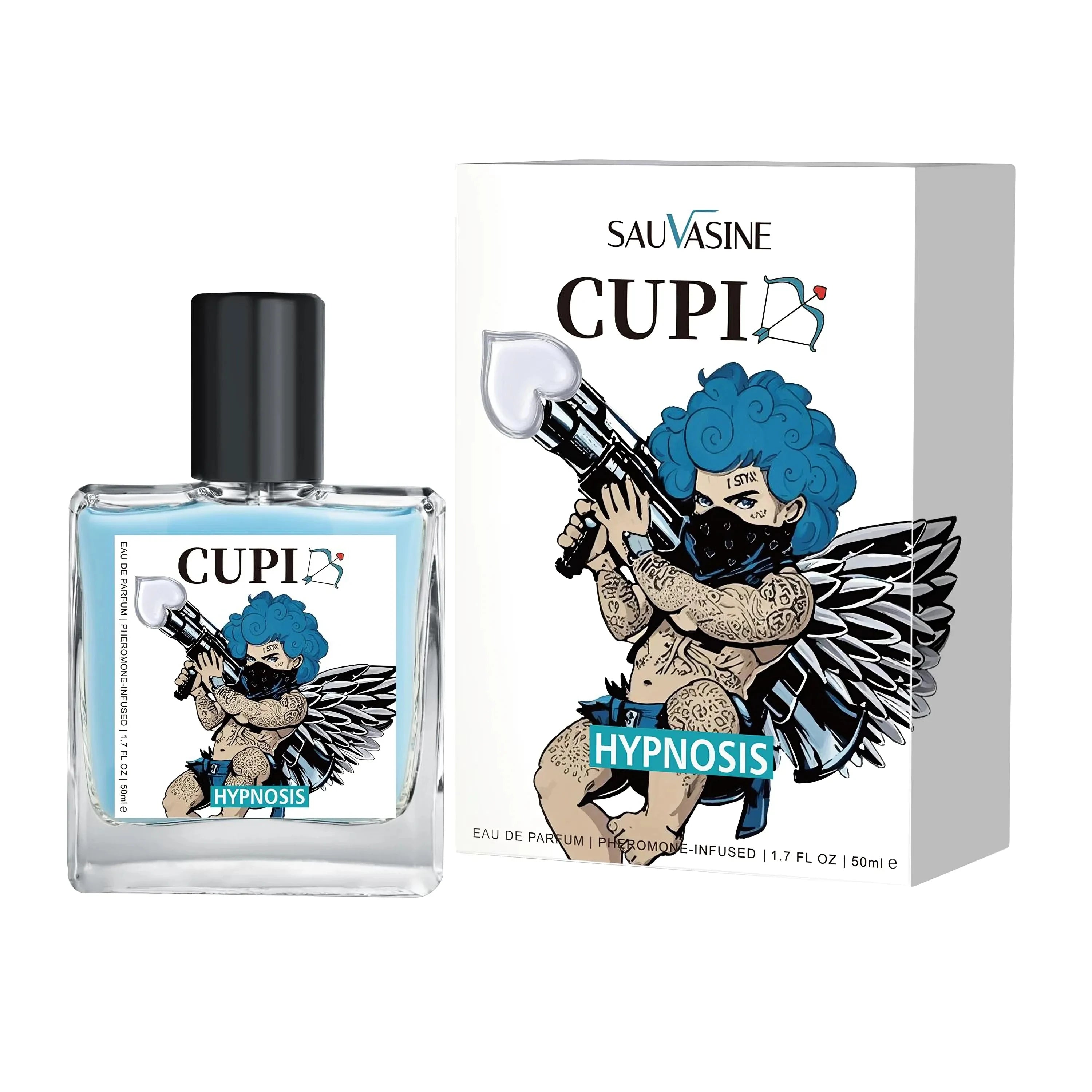 Sauvasine Cupid Hypnosis 2.0 Pheromone Cologne for men, 50ml EDP in a square glass bottle with Cupid character box.
