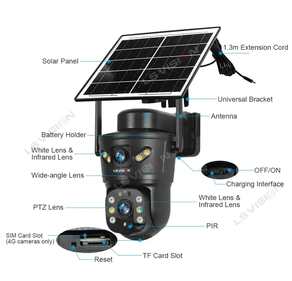 LS VISION Dual-Screen 4G/Wifi Outdoor Solar Camera Security 4K PIR Human Tracking CCTV Surveillance Camera V380 Pro Waterproof