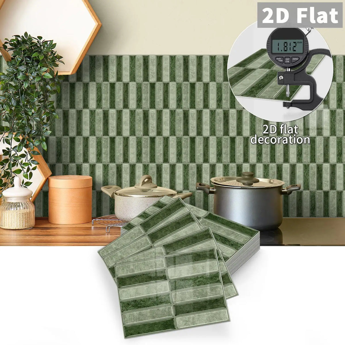 Self-adhesive tile decals, 2D flat grid sheet in deep green with clear grout lines