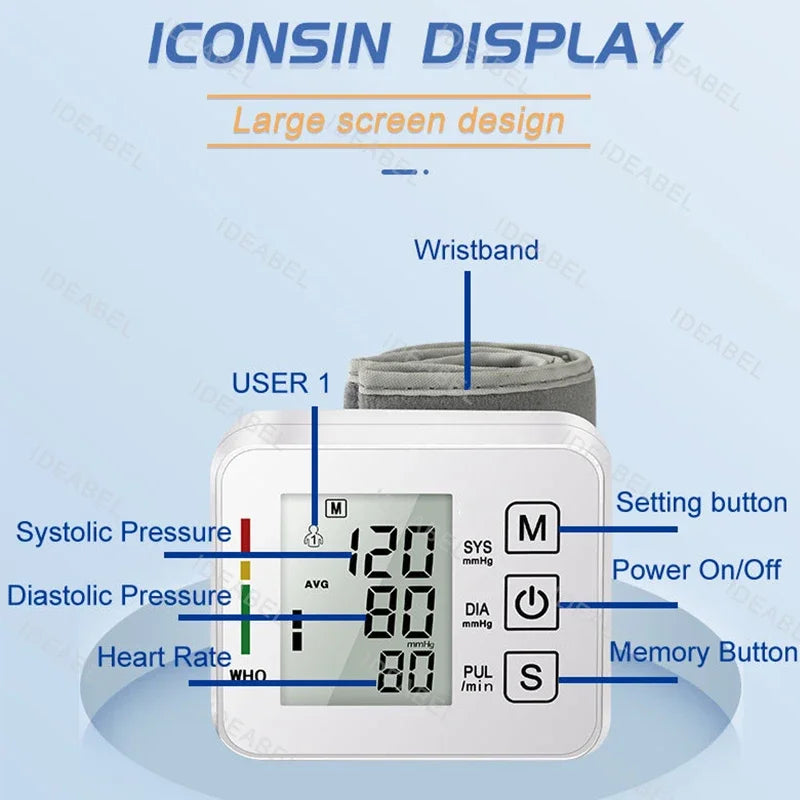 IDEABEL Voice Tonometer Tensiometer Heart Rate Pulse Meter BP Monitor Digital Wrist Blood Pressure Monitor Sphygmomanometer