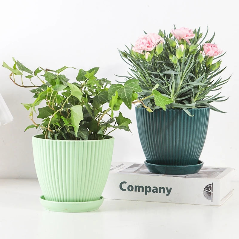 Plastic Flower Pots with Tray Solid Color Plant Pot Thickened Double Layer Green Plant Potted Planters Gardening Supplies