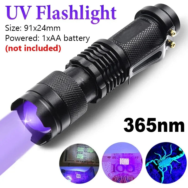 Compact black UV flashlight (91x24mm) for detecting pet urine stains and hidden mess. Portable 365nm tool for pet owners.
