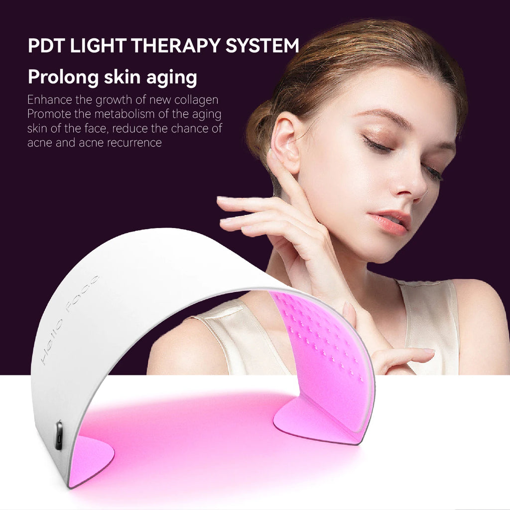 White curved LED light therapy mask emitting pink light, displayed with a woman in the background.