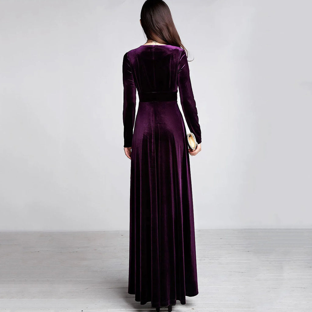 Vintage Women Autumn Long Sleeve V Neck Pleated Velvet Banquet Party Maxi Dress Party Wedding Elegant Evening dress 