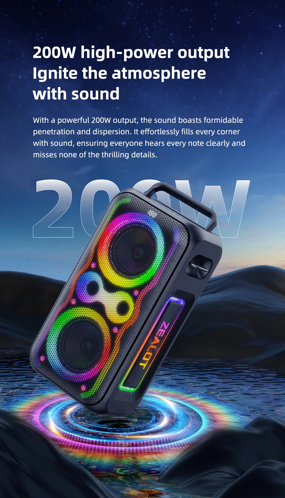Zealot-PT21 Large Portable Bluetooth Speaker Loudest，200W Deep Bass, V5.3 Big Party Boombox Wireless Speaker For Camping Hiking