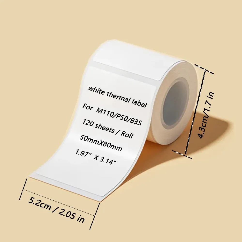 White thermal label paper roll with 50mm x 80mm label stickers, 120 sheets