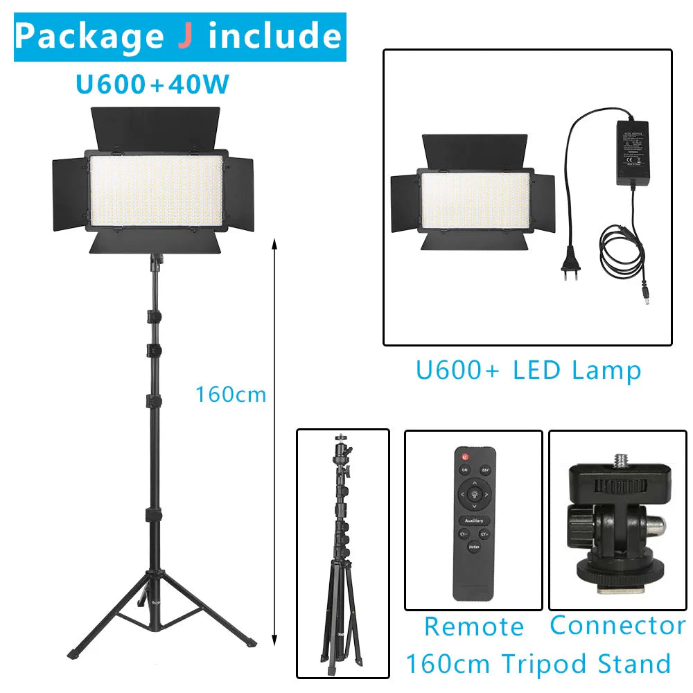 U600 LED panel light with barn doors, 160cm tripod stand, remote control, power adapter, and connector for photography.