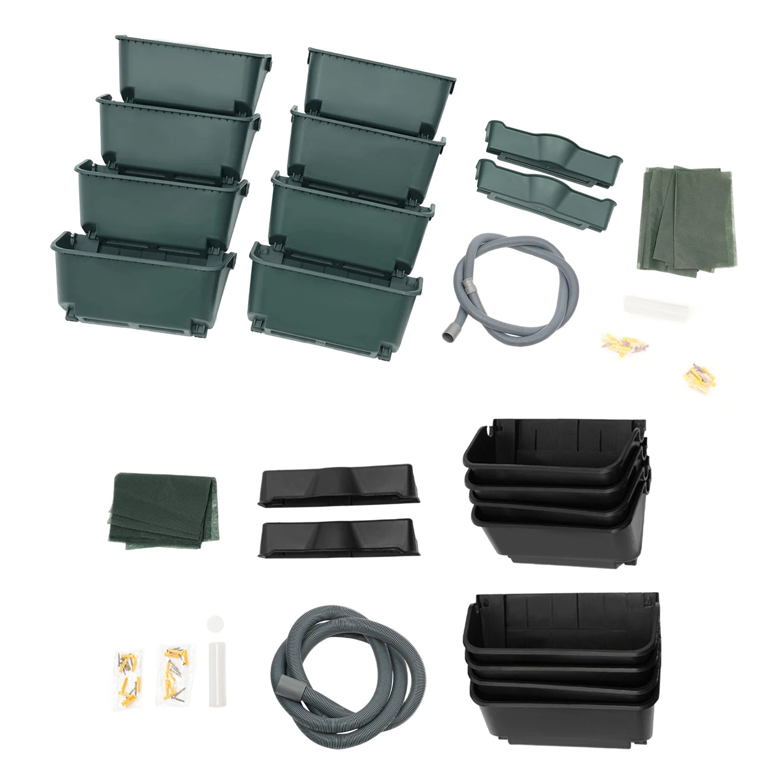 Wall-mounted planter set with green and black pockets plus mounting cord and small hardware