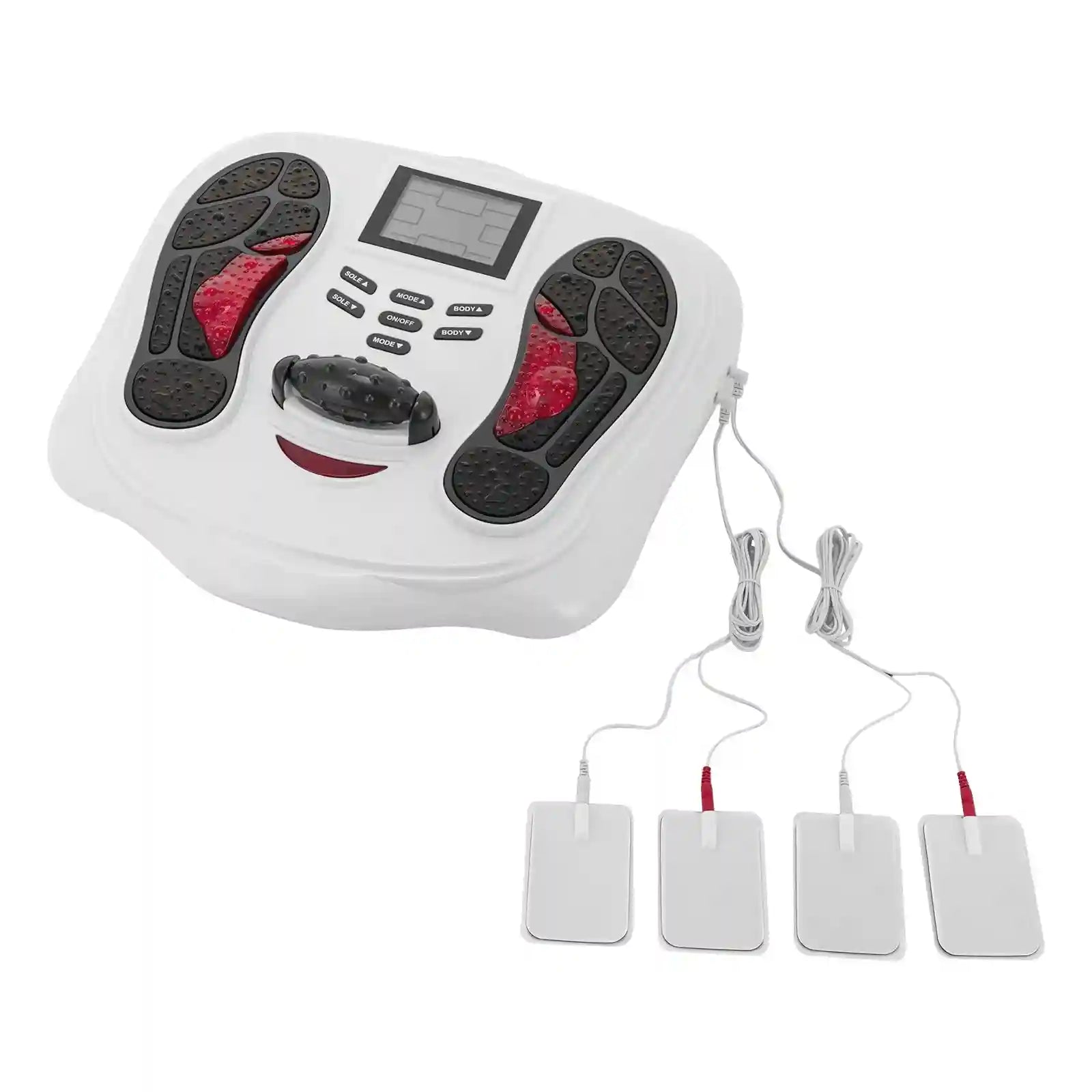 White electric foot massager and blood circulation simulator with digital display, control buttons, and four EMS pads.