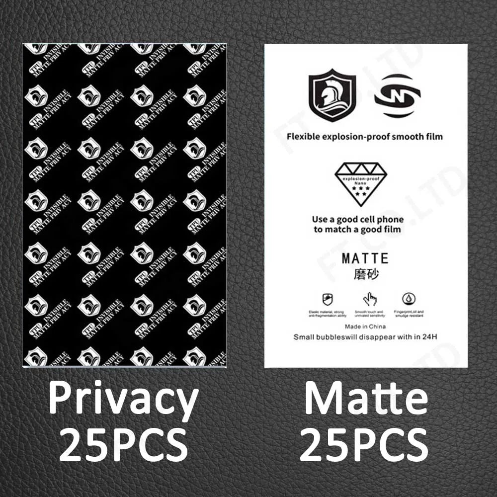 Hydrogel privacy and matte film set, 25pcs privacy and 25pcs matte, curved fit