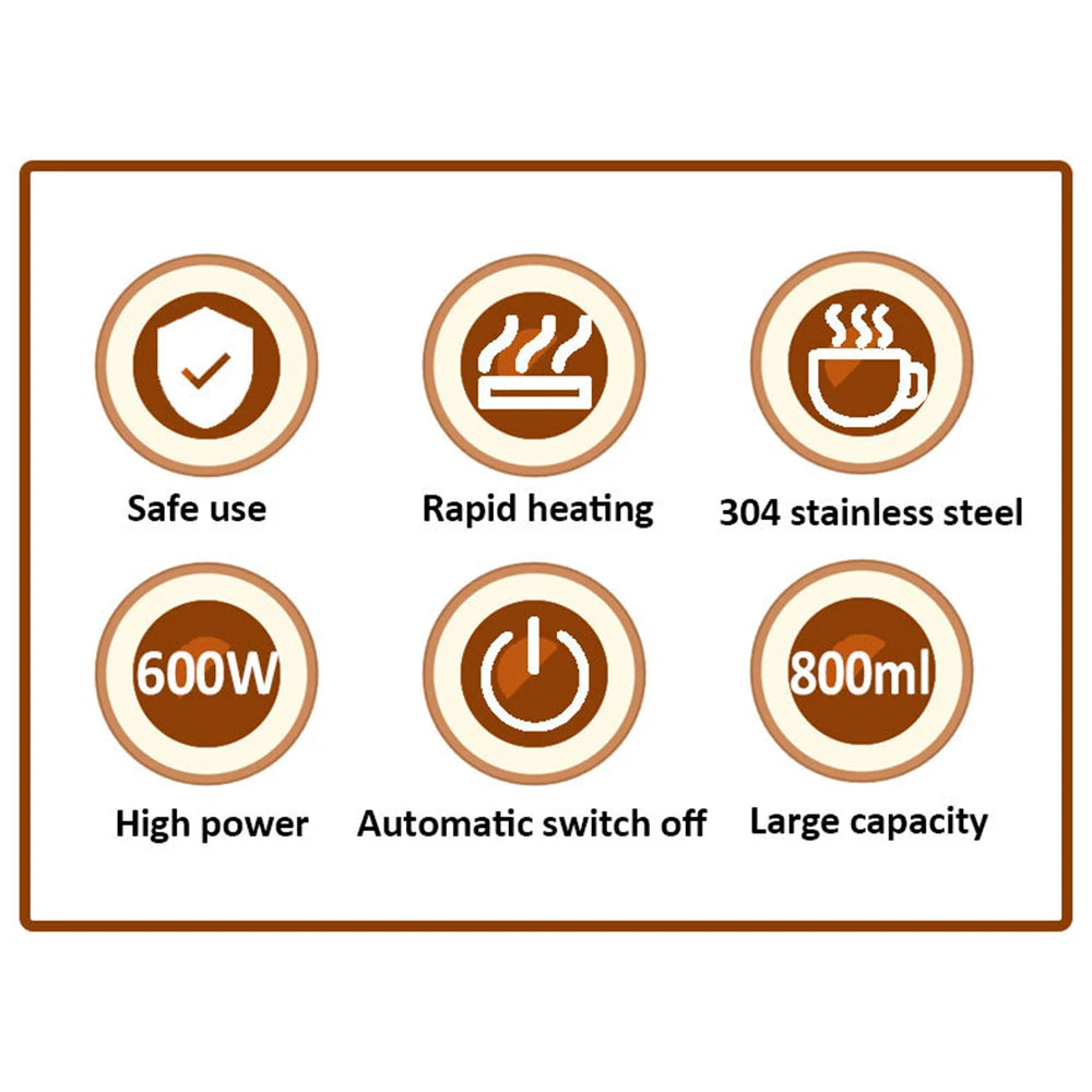 Features of 800ml 304 stainless steel coffee maker: 600W power, rapid heating, auto shut-off, and safety design.