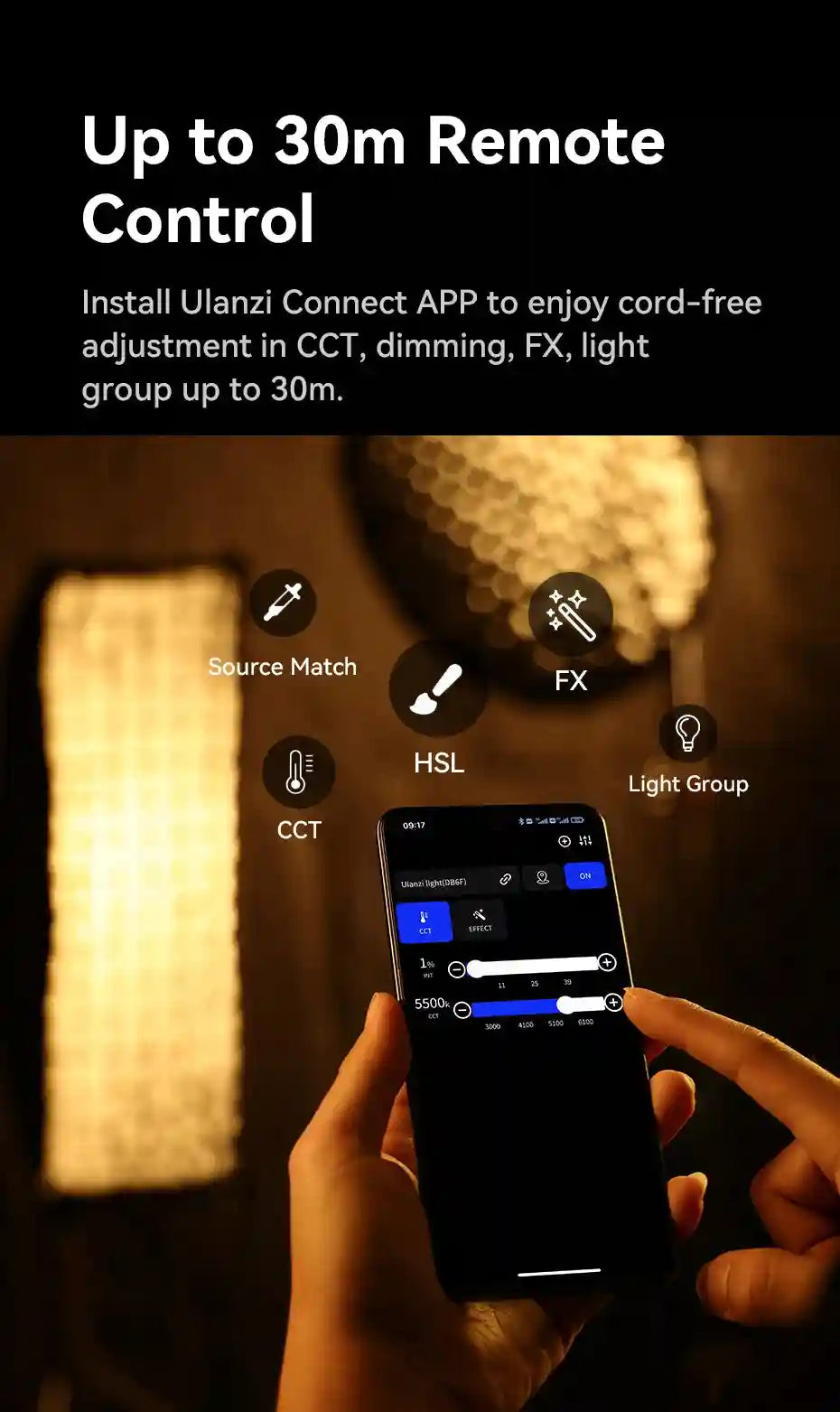 A smartphone app interface controlling light brightness, temperature, and effects with remote wireless connectivity.