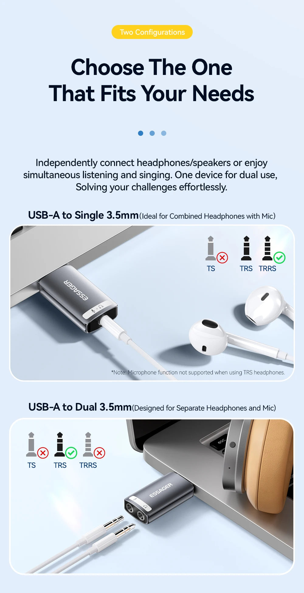 USB to 3.5mm Audio Adapter for Laptop - Dual or Single Jack Tidesmit