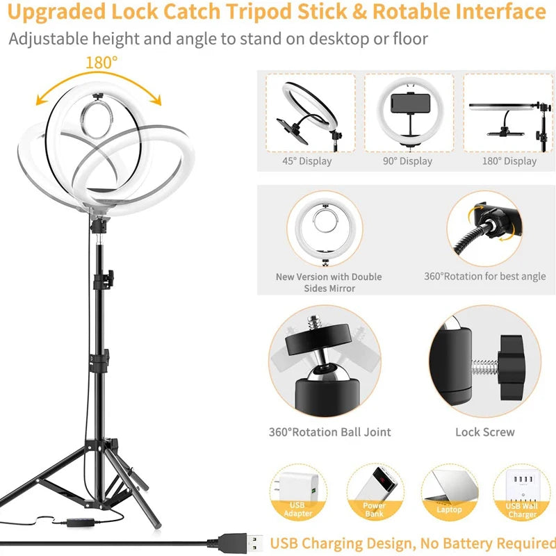 Black metal ring light tripod with adjustable height, 360-degree rotation, mirror attachment, and USB power cable.