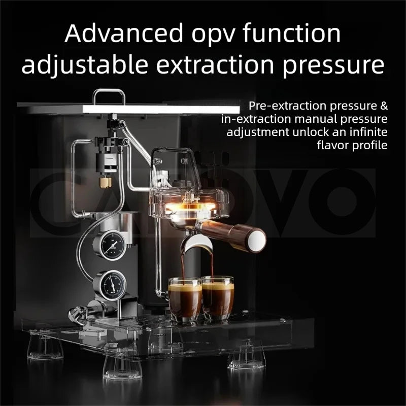 Capovon manual espresso machine with pressure gauges, wooden portafilter handle, and sleek modern design.