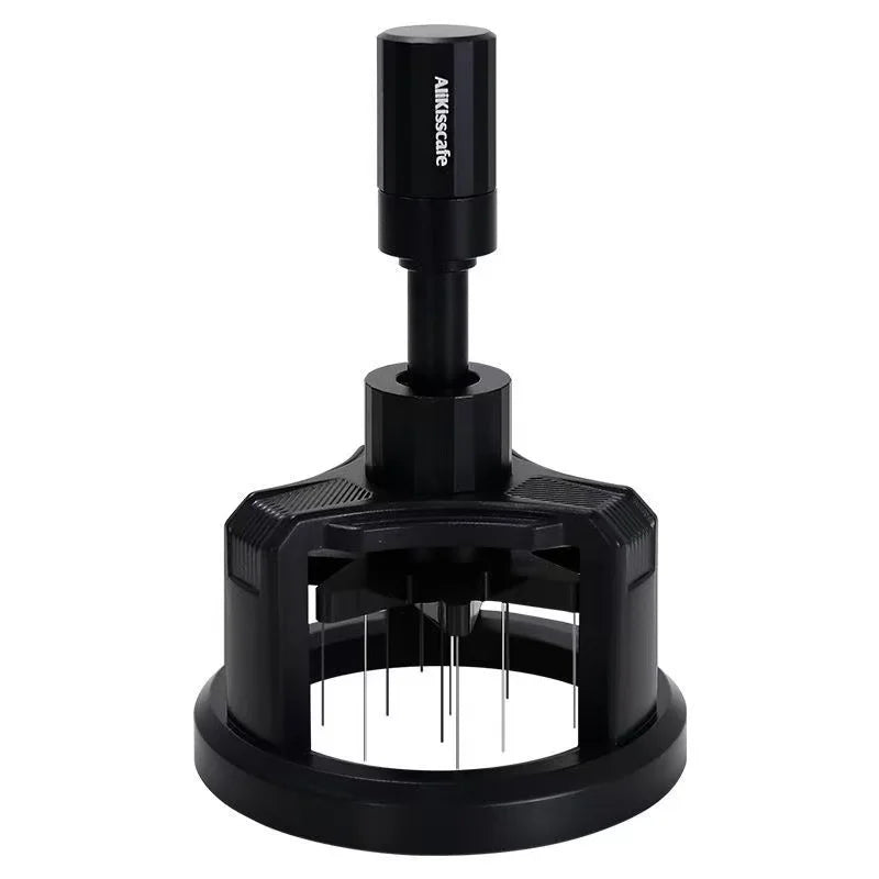 Allikisscafe black coffee espresso distribution tool with needle stirrer for uniform grounds extraction.