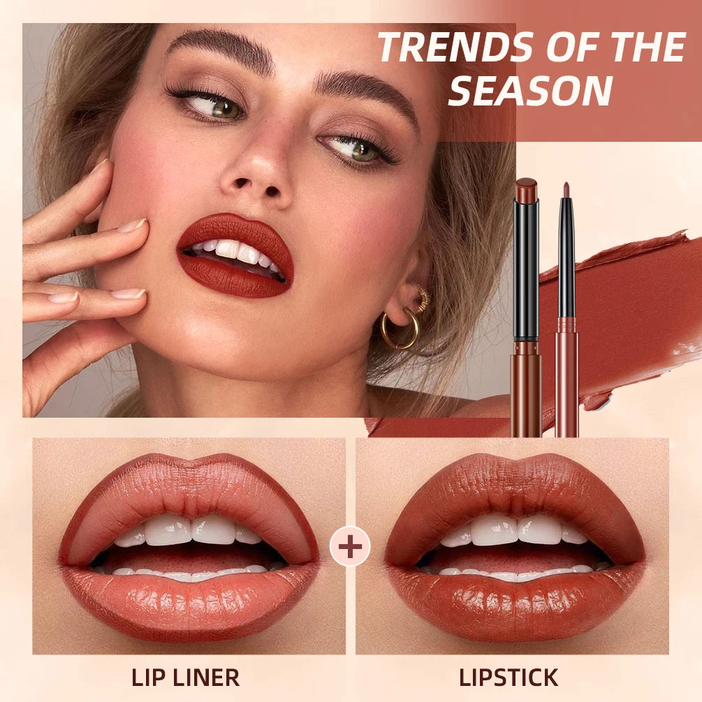 QIBEST matte nude lipstick and lip liner pencil set for waterproof, long-lasting, bold brown lip makeup application.