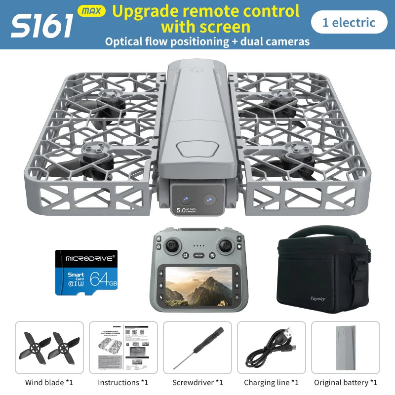 S161 gray camera drone with propeller guards, remote controller with screen, storage bag, and accessories.