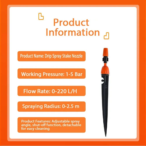 Single drip spray stake nozzle with black stake and orange adjustable spray head.