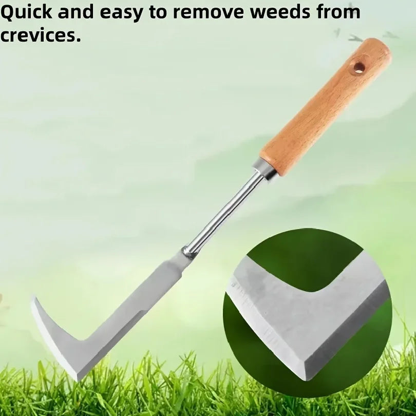 L-shaped weeding tool with wooden handle and stainless steel blade, for weed removal.