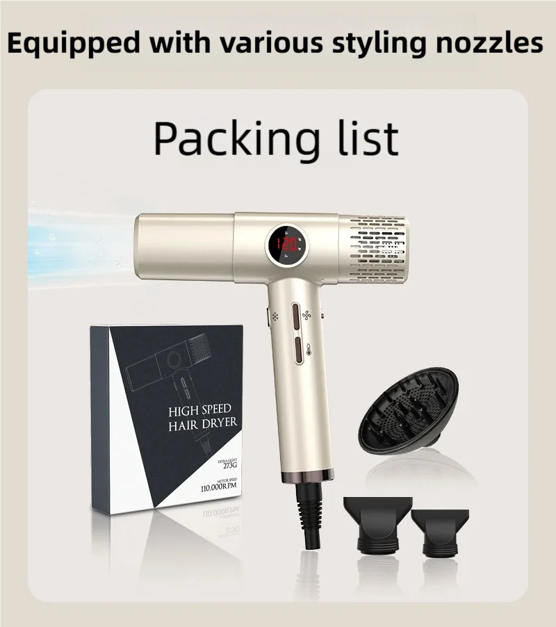 TINSOL gold high-speed negative ion hair dryer with digital display and three styling nozzle attachments for fast drying.