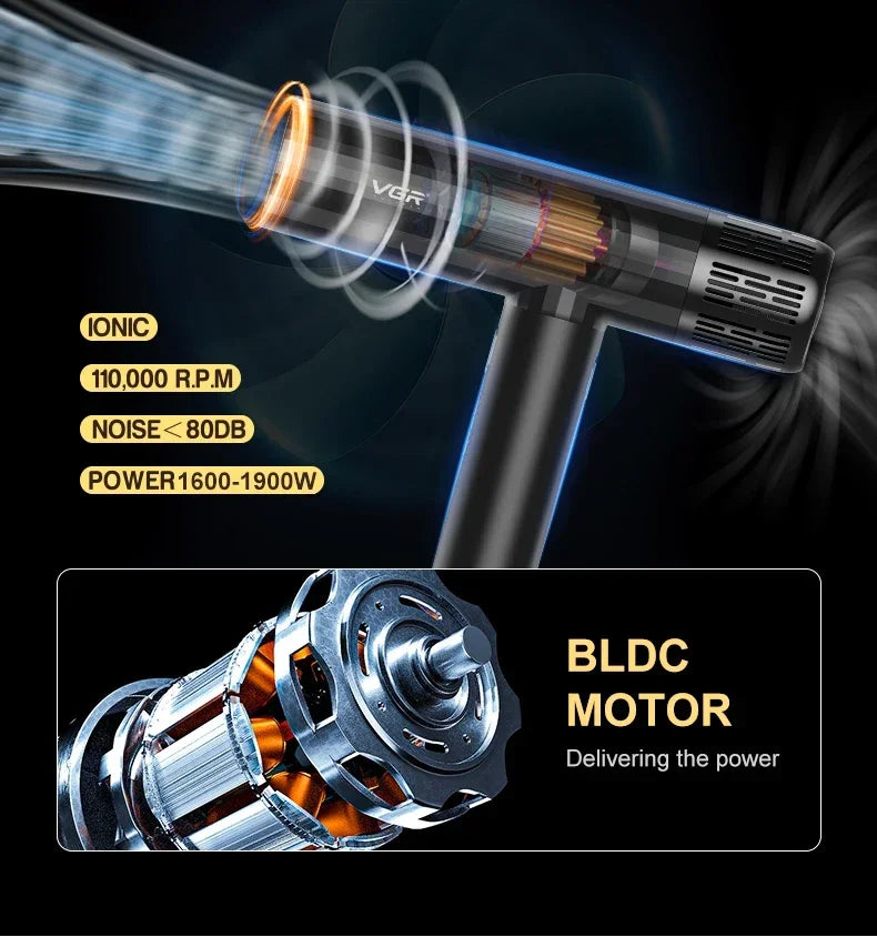 VGR V-427 professional leafless ionic hair dryer with high-speed 110,000 RPM BLDC motor for quiet, powerful salon drying.