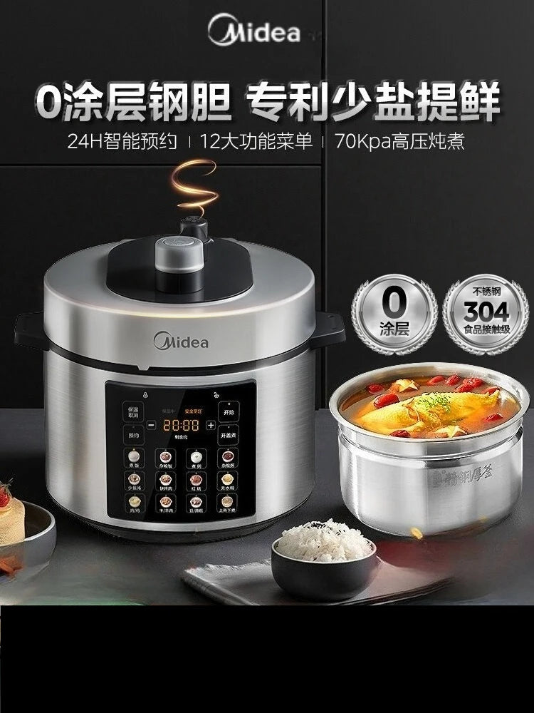Midea electric pressure cooker base with control panel and stainless inner pot, lid on