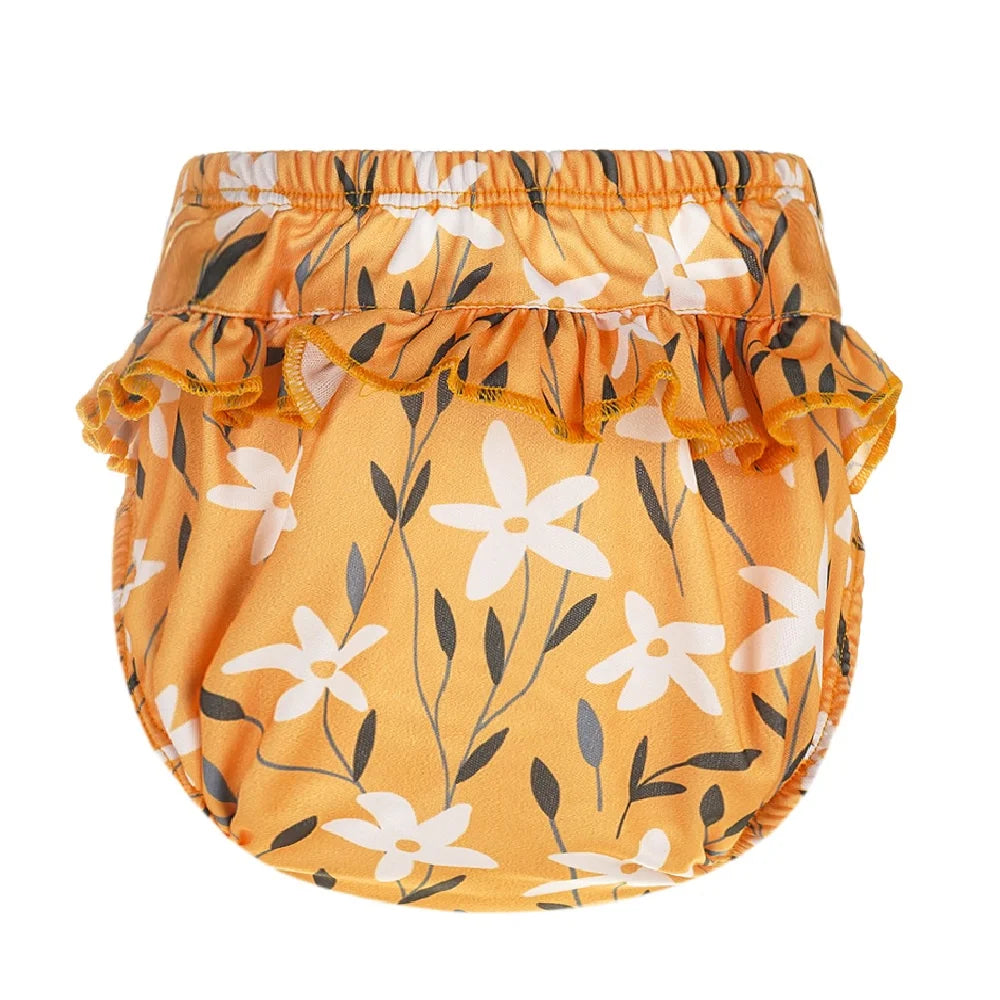 Mustard yellow floral print baby diaper cover with ruffled trim detail for infants.