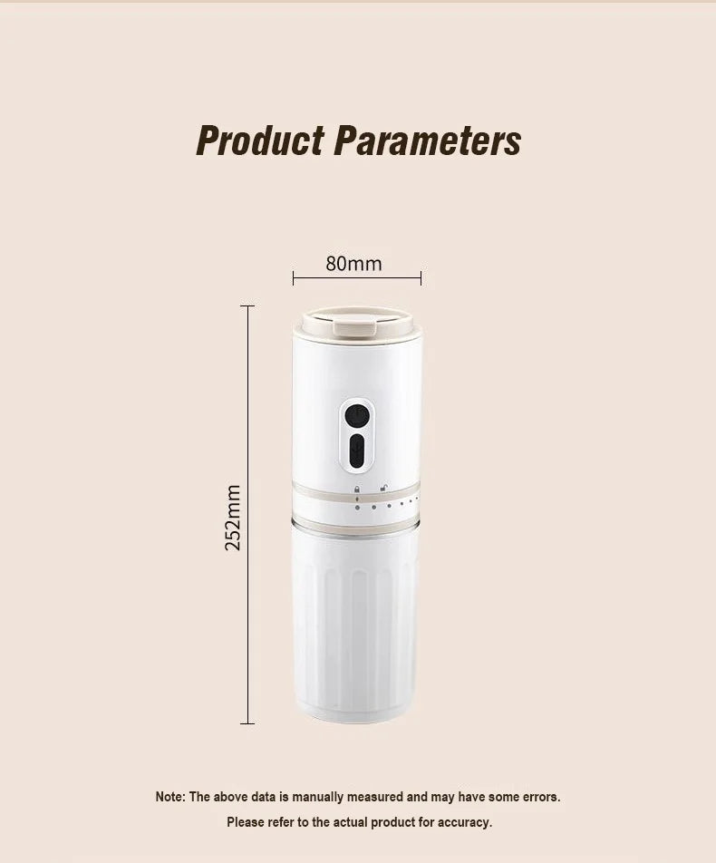 White portable electric coffee maker, 252mm tall, 80mm diameter, with button controls and measurement annotations.