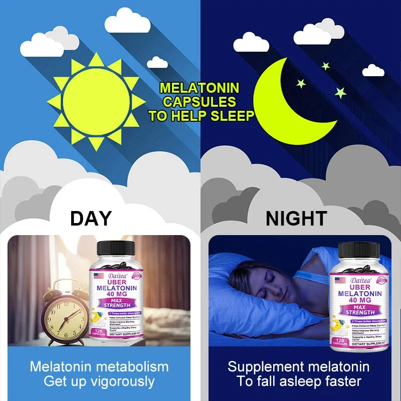 Daitea Melatonin Supplement 40mg Contains Vitamin C Theanine Extract Capsules to Promote Sleep Quality & Alertness Non-GMO