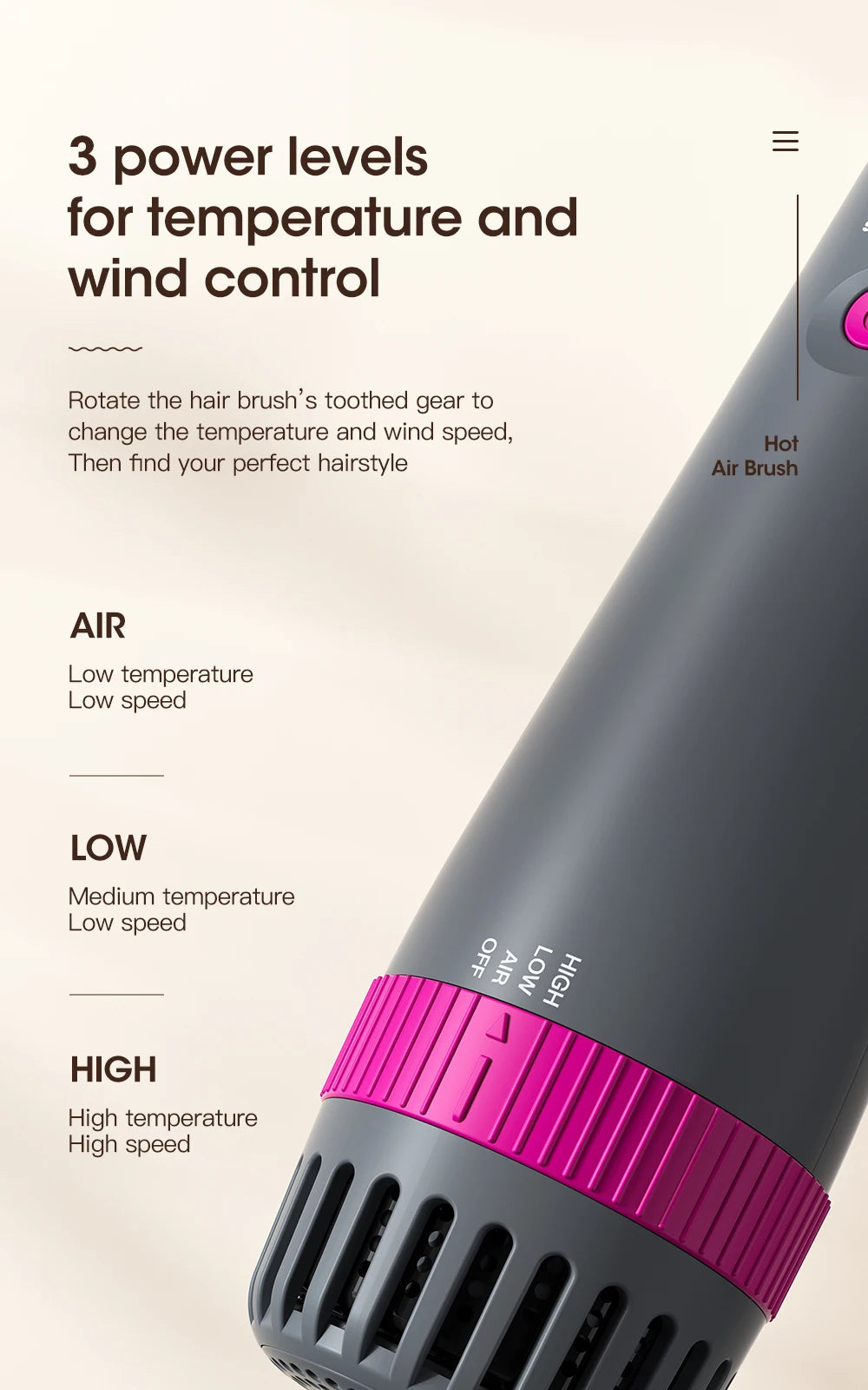 Kinseibeauty grey hair dryer brush with pink 3-speed control dial for professional styling and heat customization.