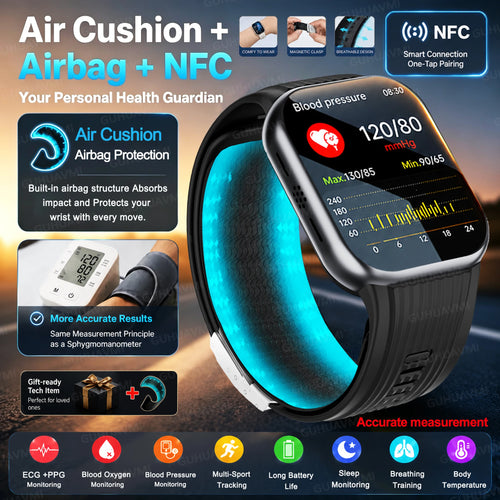 Black smartwatch with color ECG and blood pressure readings on a curved display