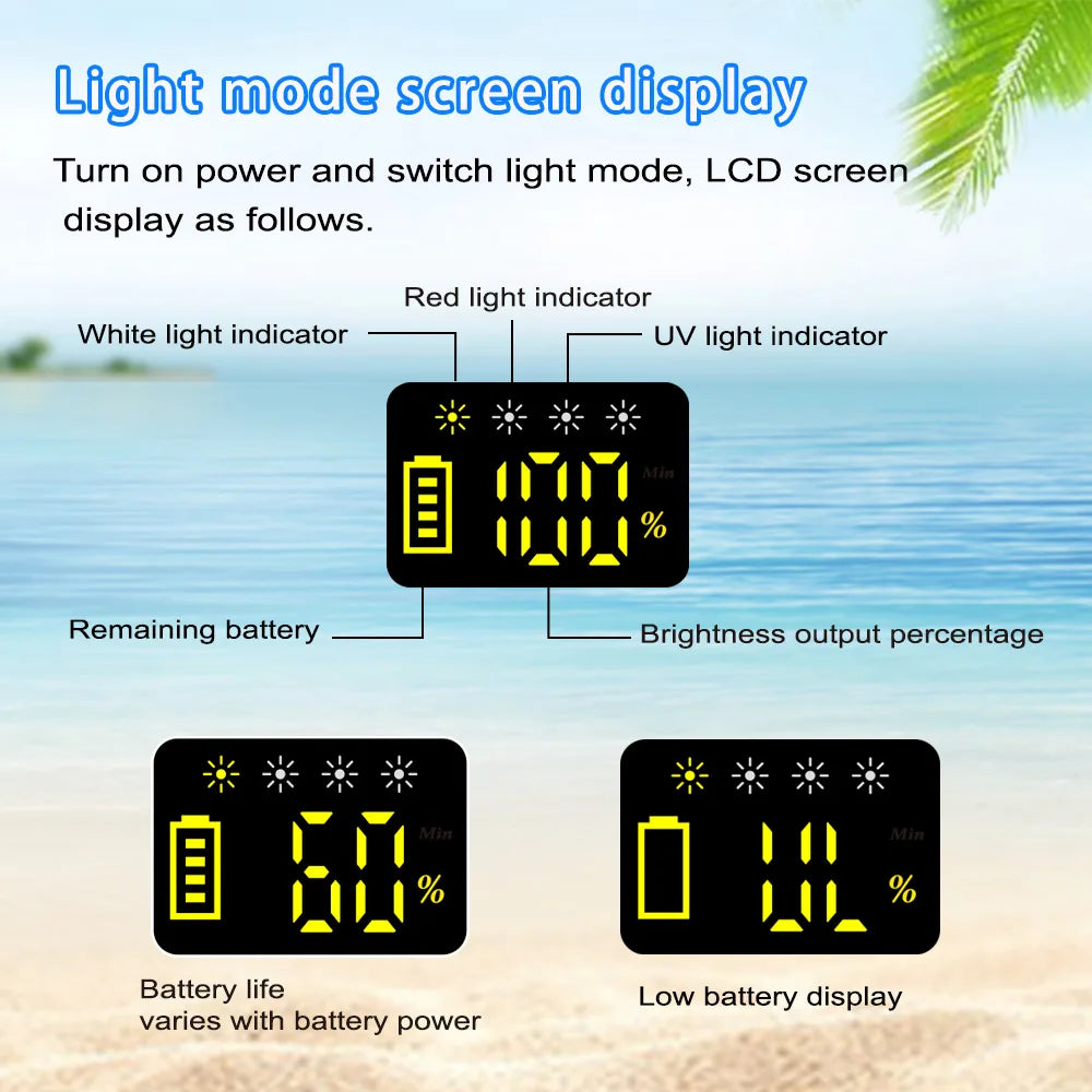 LCD screen showing white, red, and UV light modes, battery status, and brightness percentage for device settings.