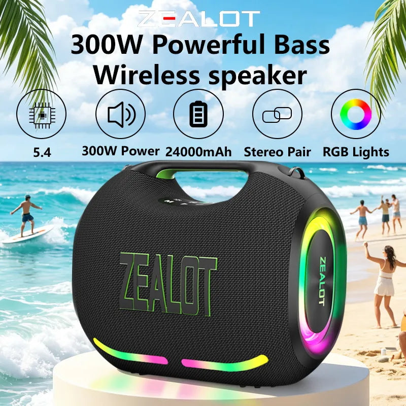 ZEALOT-ZE01 300W Big Power Wireless Speaker TWS Subwoofer Bluetooth Speaker High Volume Waterproof Portable Mobile Power HIFI Sound Qual Ultra-Long Battery Life