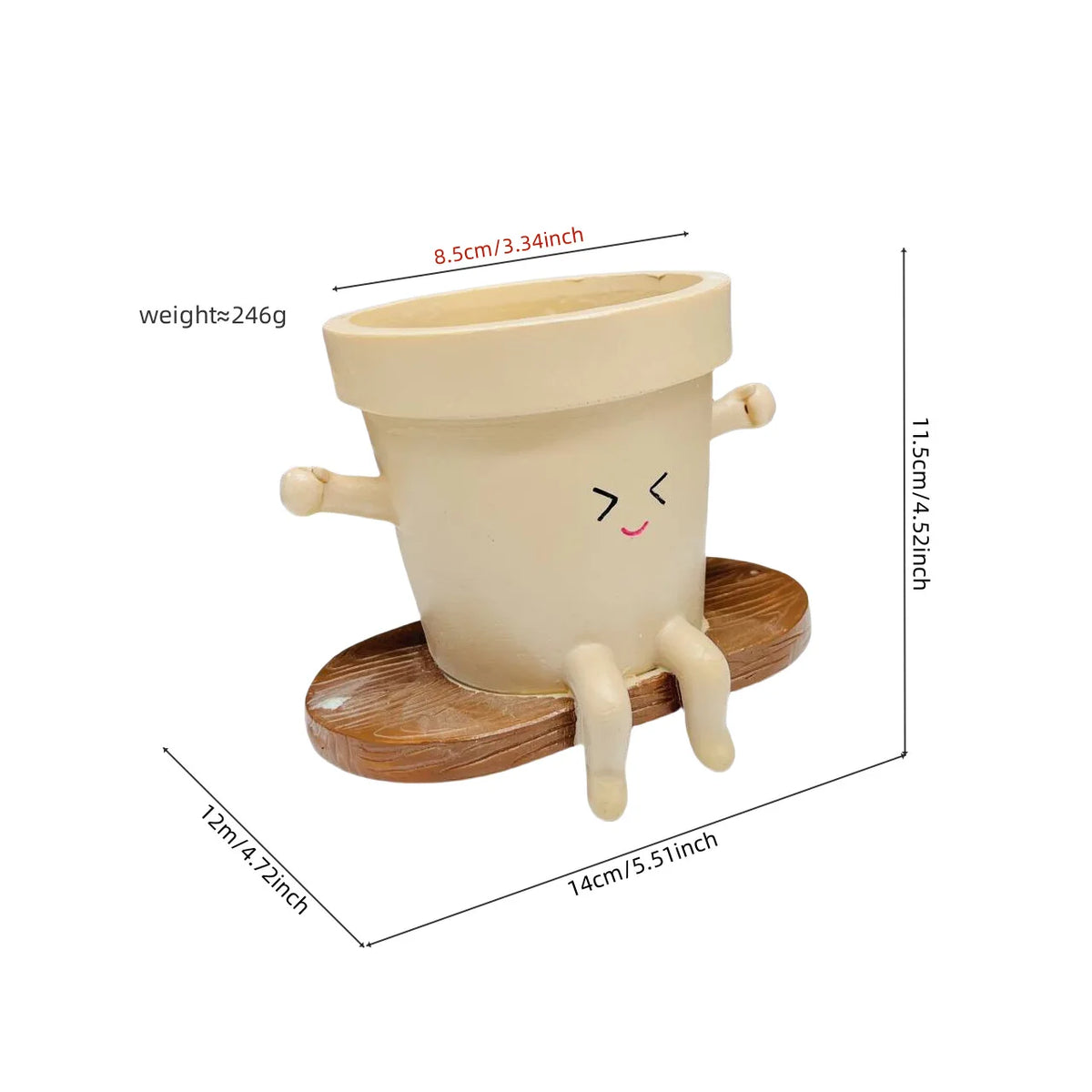 Cream mini succulent planter with wink face and wooden base, size dimensions diagram
