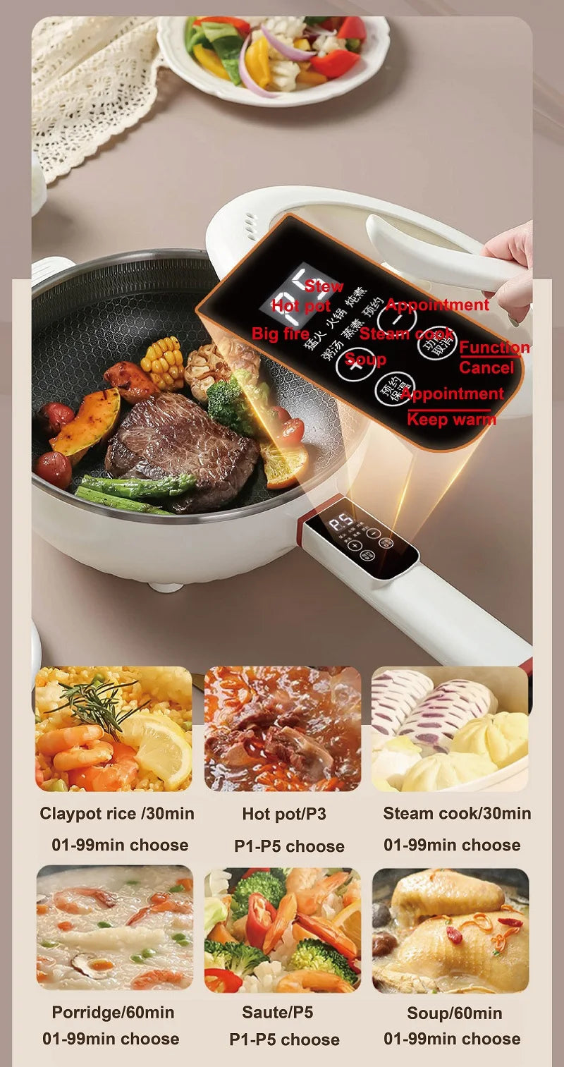 Electric non-stick cooking pot with menu panel, prepared foods like steak and stew